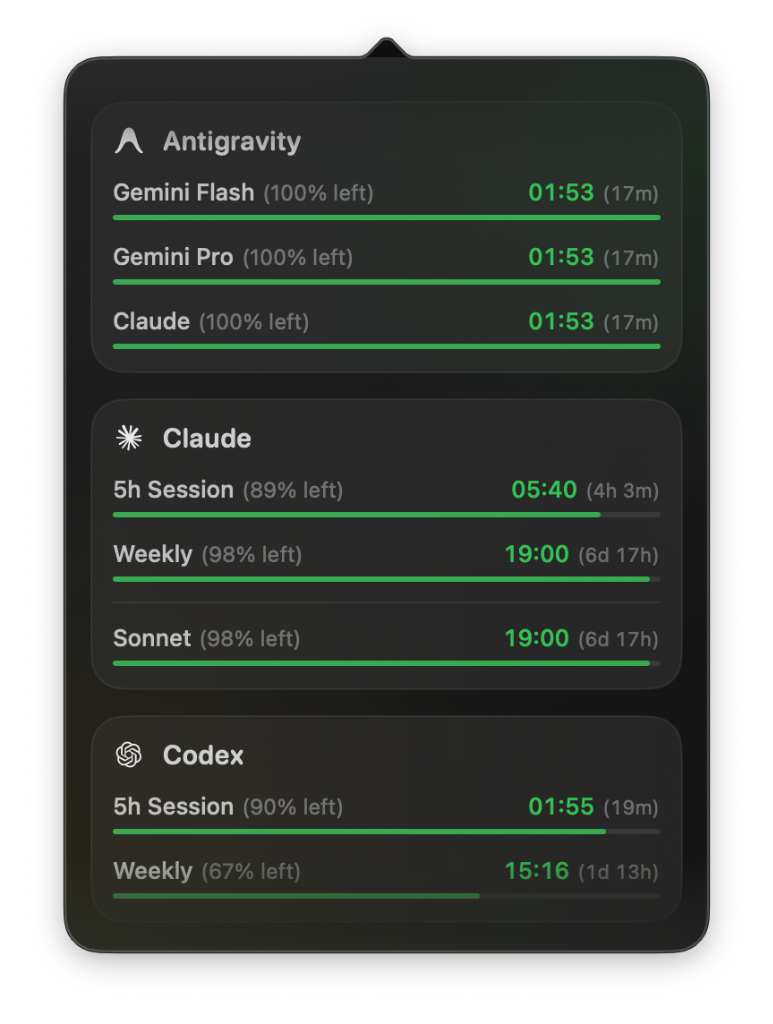 Mimir menu bar popover showing Antigravity (Gemini Flash, Gemini Pro, Claude), Claude (5h Session, Weekly, Sonnet), and Codex (5h Session, Weekly) usage limits with green progress bars and reset countdowns